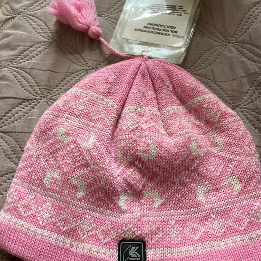 Pink and White Nordic Knit Hat with Folded Brim